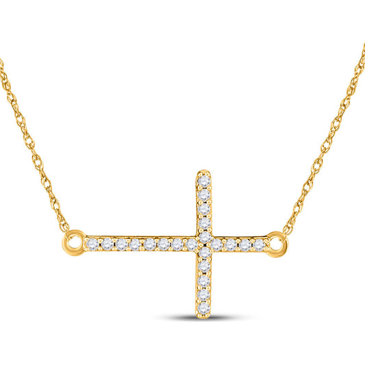 10K Yellow Gold Womens Round Diamond Horizontal Cross Necklace 1/20 Cttw, Length: 17.99 In, Width: 0.61 In