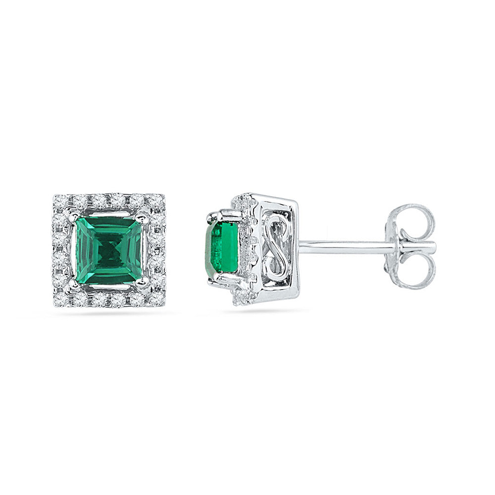 10K White Gold Womens Princess Synthetic Emerald Stud Earrings 1/8 Cttw, Length: 0.26 In, Width: 0.26 In