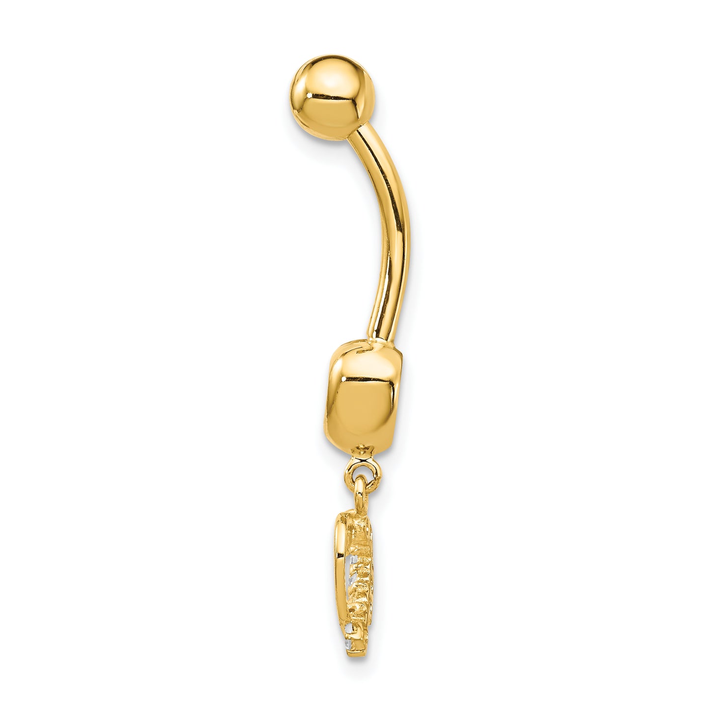 14K Yellow Gold 14 Gauge CZ 2-Hearts Dangle Belly Ring