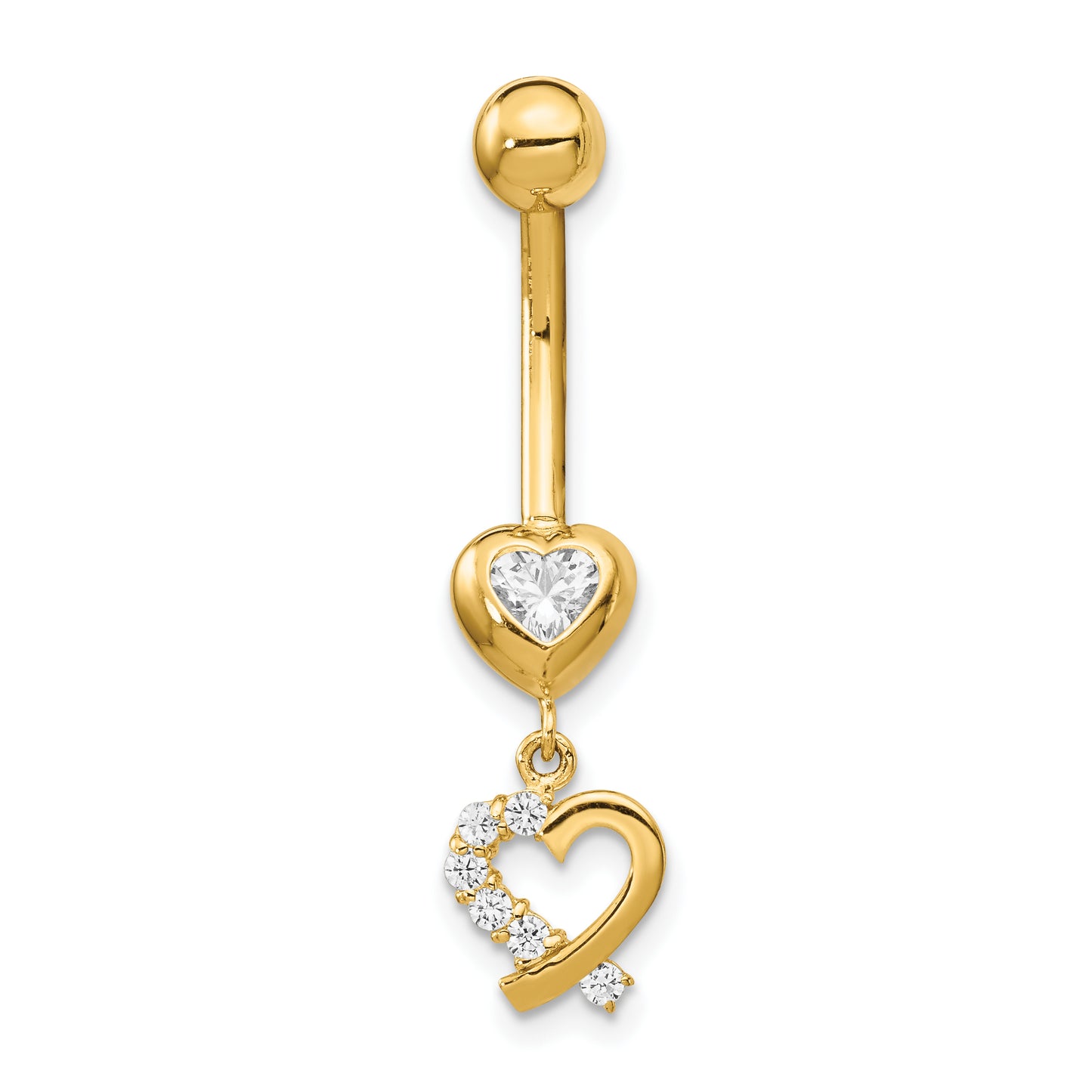 14K Yellow Gold 14 Gauge CZ 2-Hearts Dangle Belly Ring