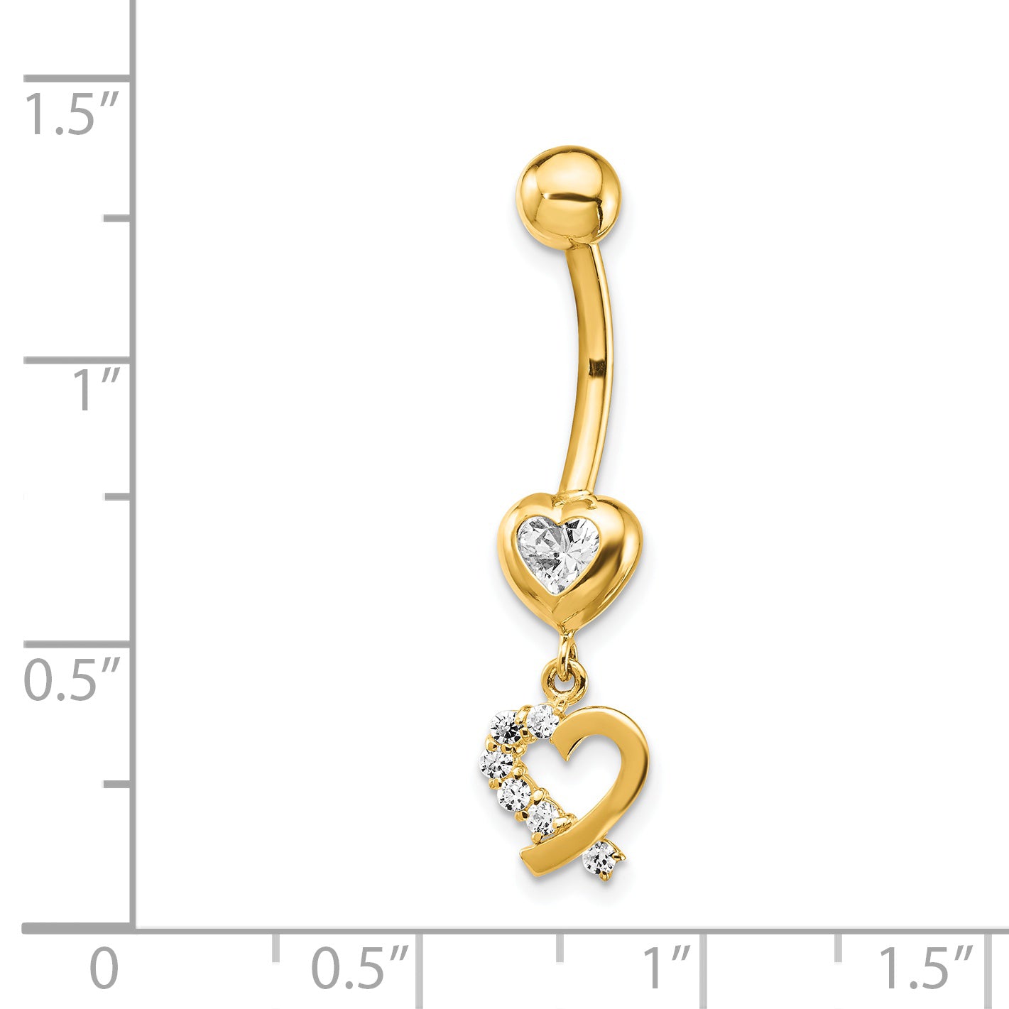 14K Yellow Gold 14 Gauge CZ 2-Hearts Dangle Belly Ring