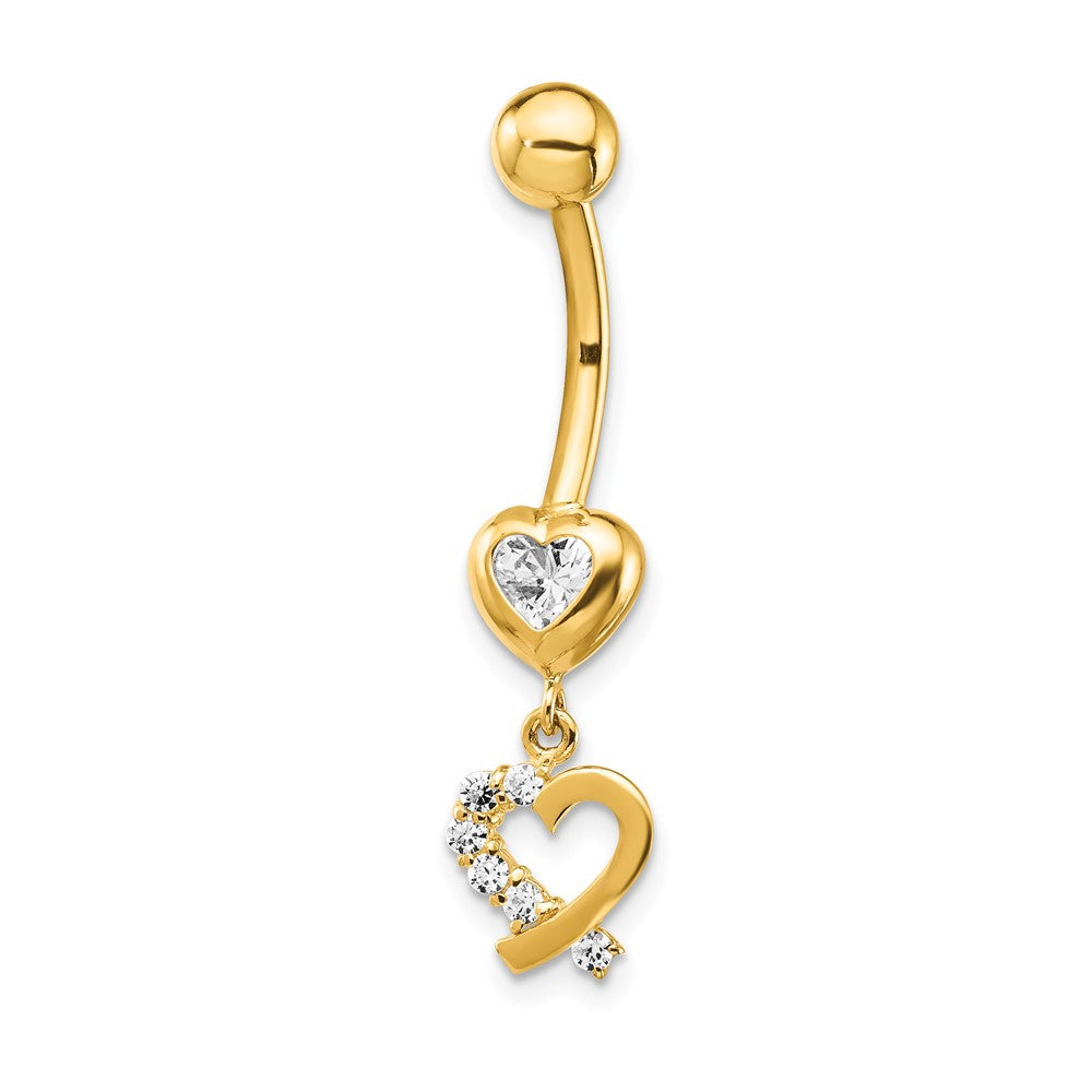 14K Yellow Gold 14 Gauge CZ 2-Hearts Dangle Belly Ring