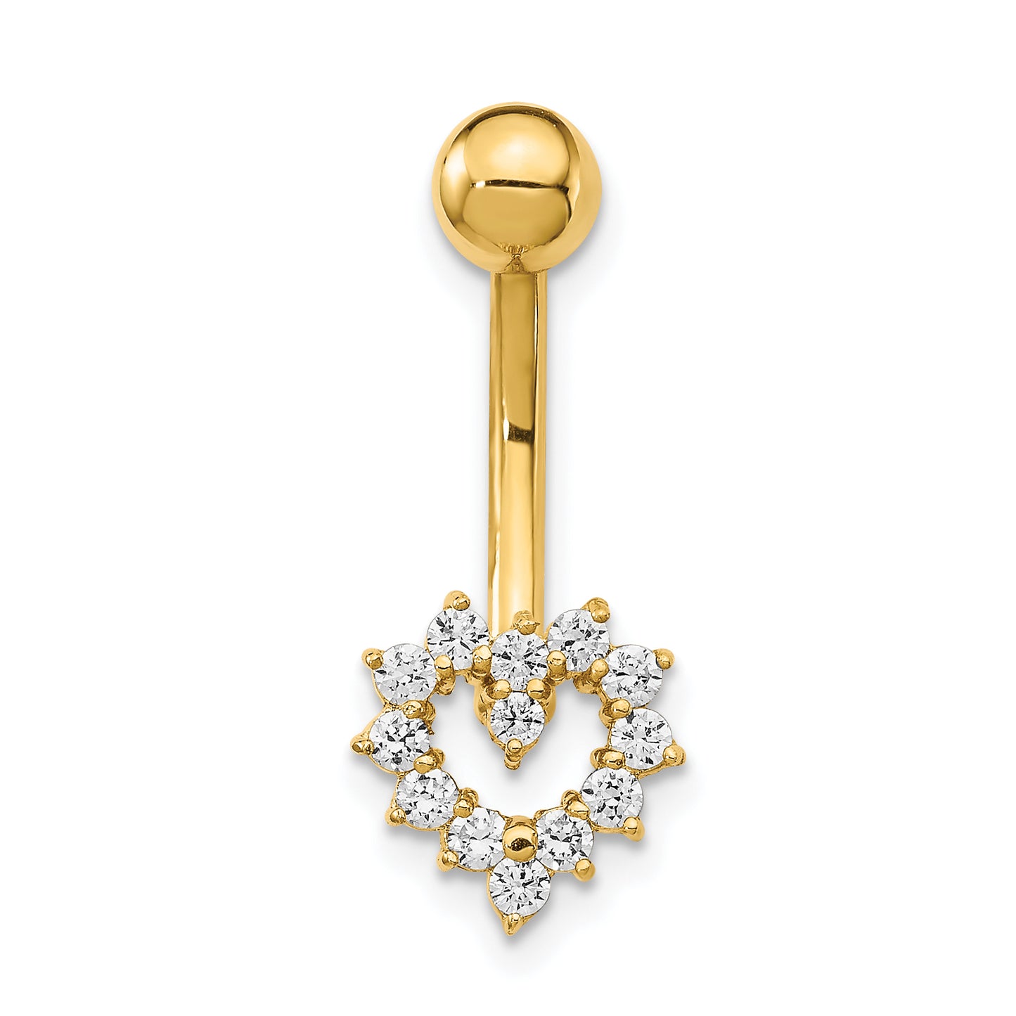 14K Yellow Gold 14 Gauge CZ Heart Belly Ring