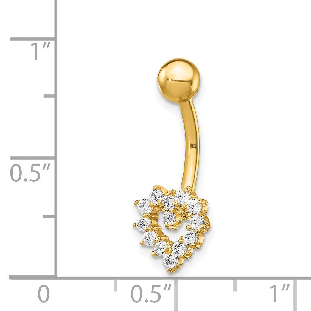 14K Yellow Gold 14 Gauge CZ Heart Belly Ring