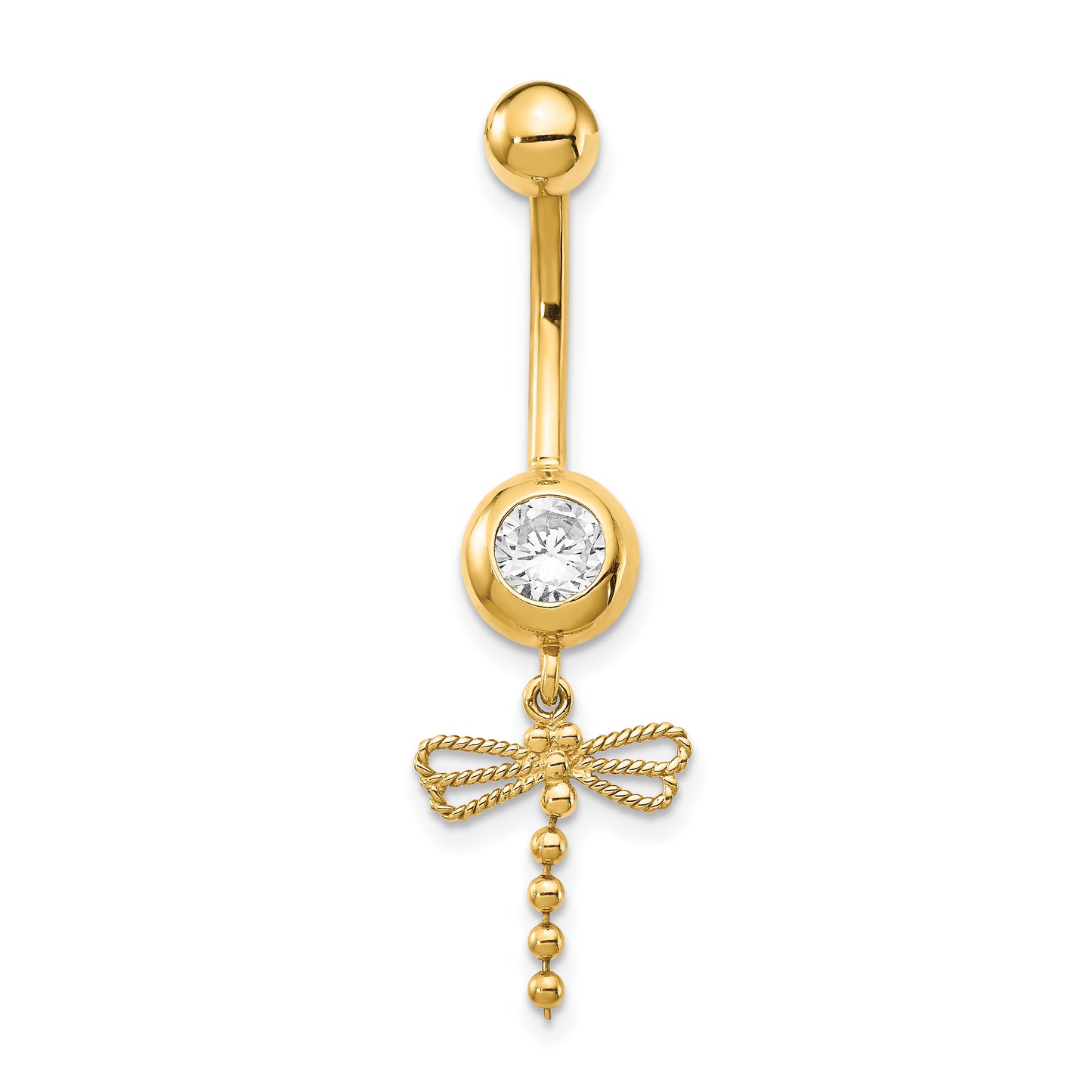 14K Yellow Gold 14 Gauge Cubic Zirconia Dragonfly Dangle Belly Ring