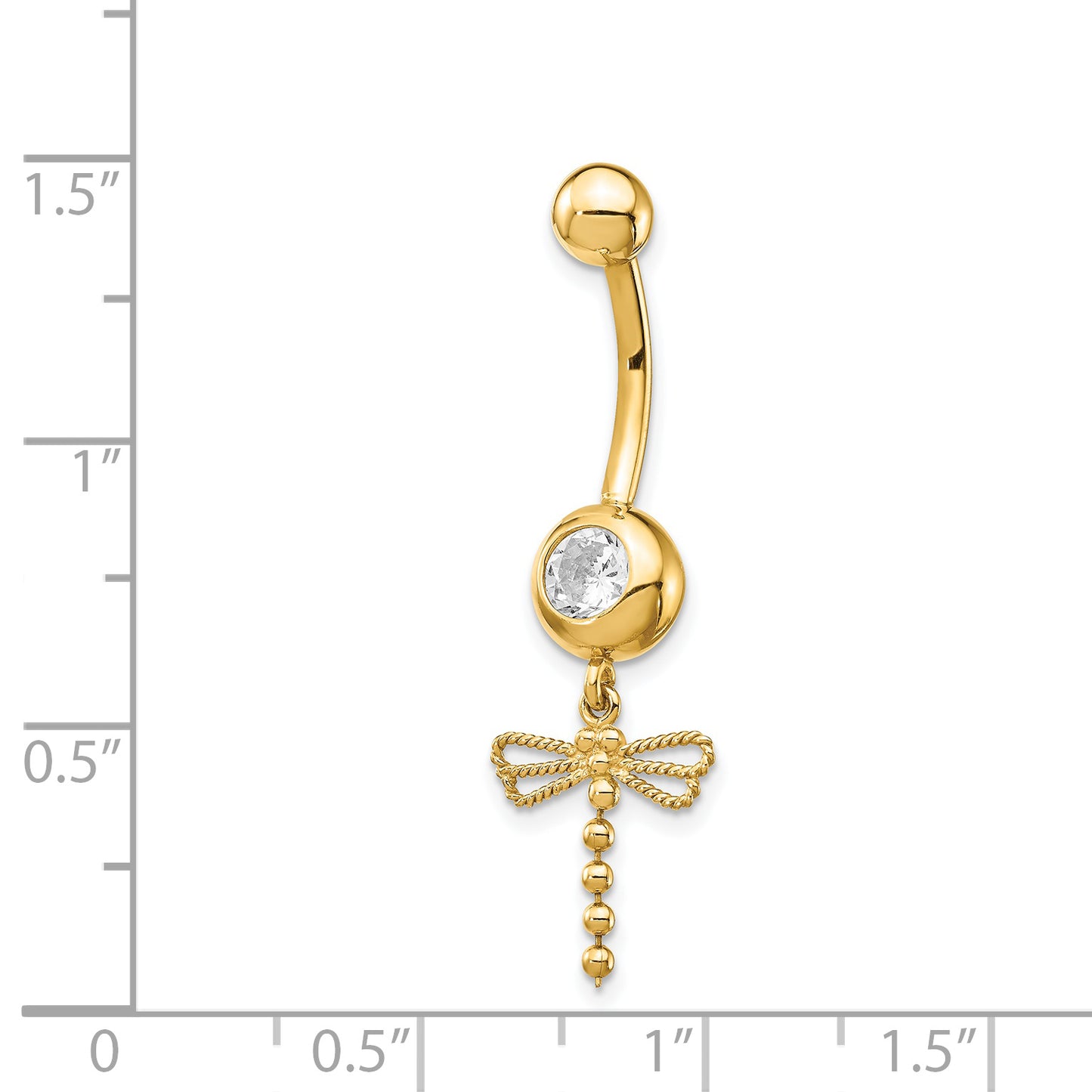 14K Yellow Gold 14 Gauge Cubic Zirconia Dragonfly Dangle Belly Ring