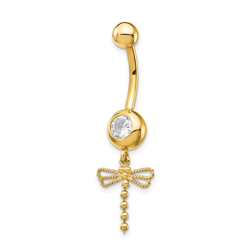 14K Yellow Gold 14 Gauge Cubic Zirconia Dragonfly Dangle Belly Ring