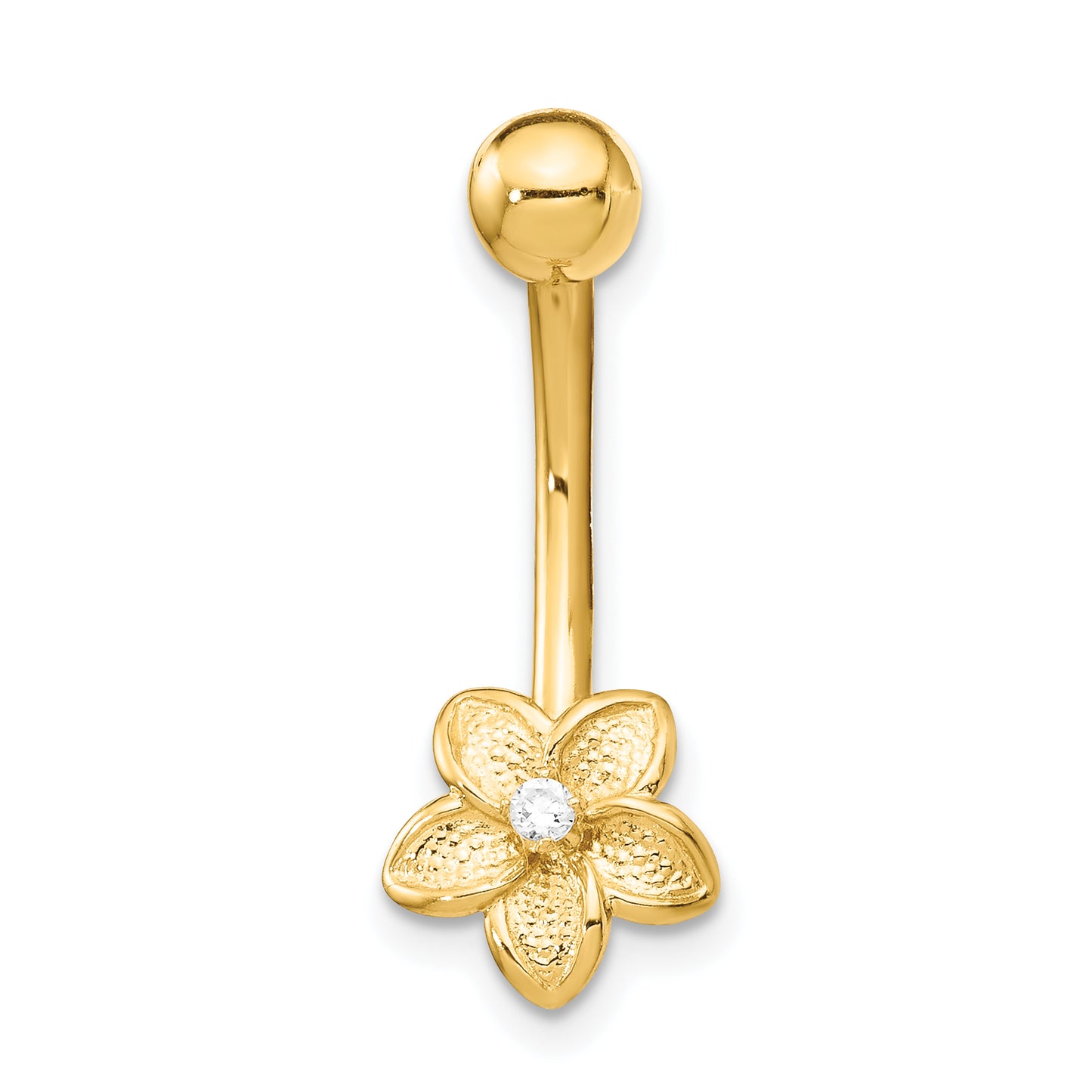 14K Yellow Gold 14 Gauge Cubic Zirconia Flower Belly Ring