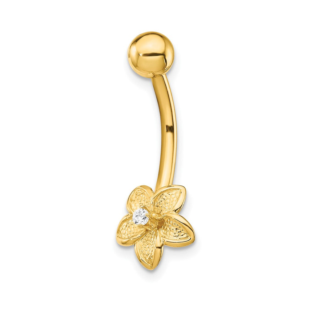 14K Yellow Gold 14 Gauge Cubic Zirconia Flower Belly Ring