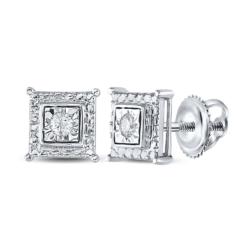 Sterling Silver Womens Round Diamond Solitaire Square Stud Earrings 1/10ctw