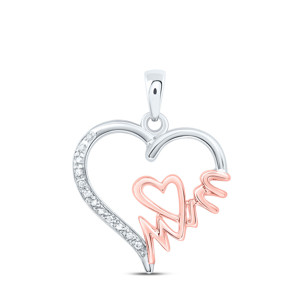 Two-tone Sterling Silver Womens Round Diamond Mom Heart Pendant 1/20 Cttw