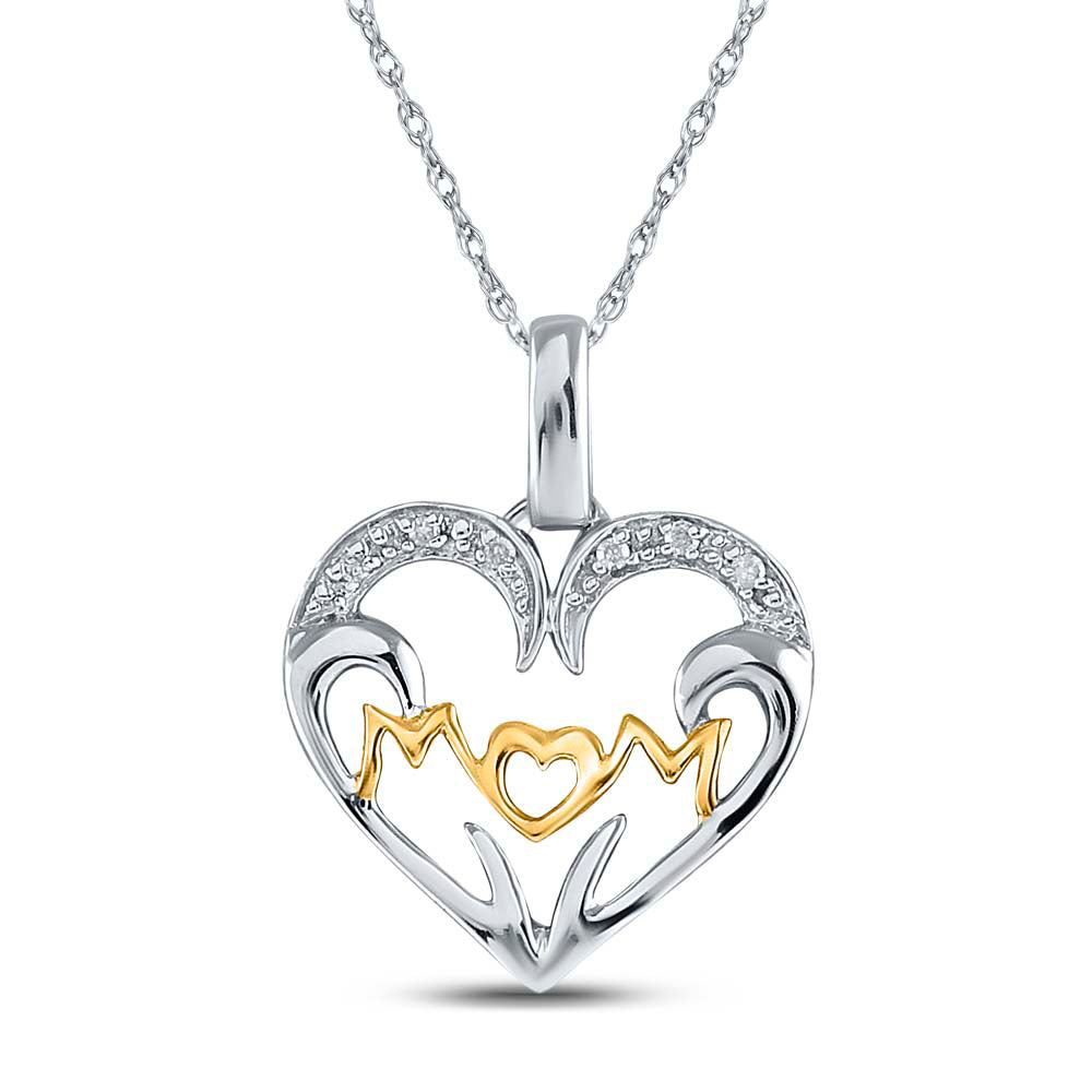 Two-tone Sterling Silver Womens Round Diamond Mom Heart Pendant .03ctw