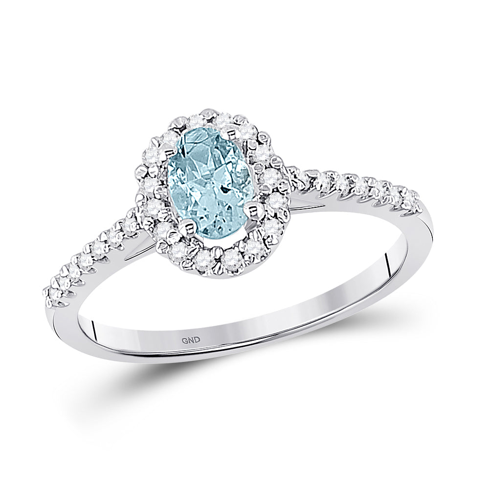 10K White Gold Womens Oval Aquamarine Diamond-accent Solitaire Ring 1/5 Cttw, Womens Size: 5-10