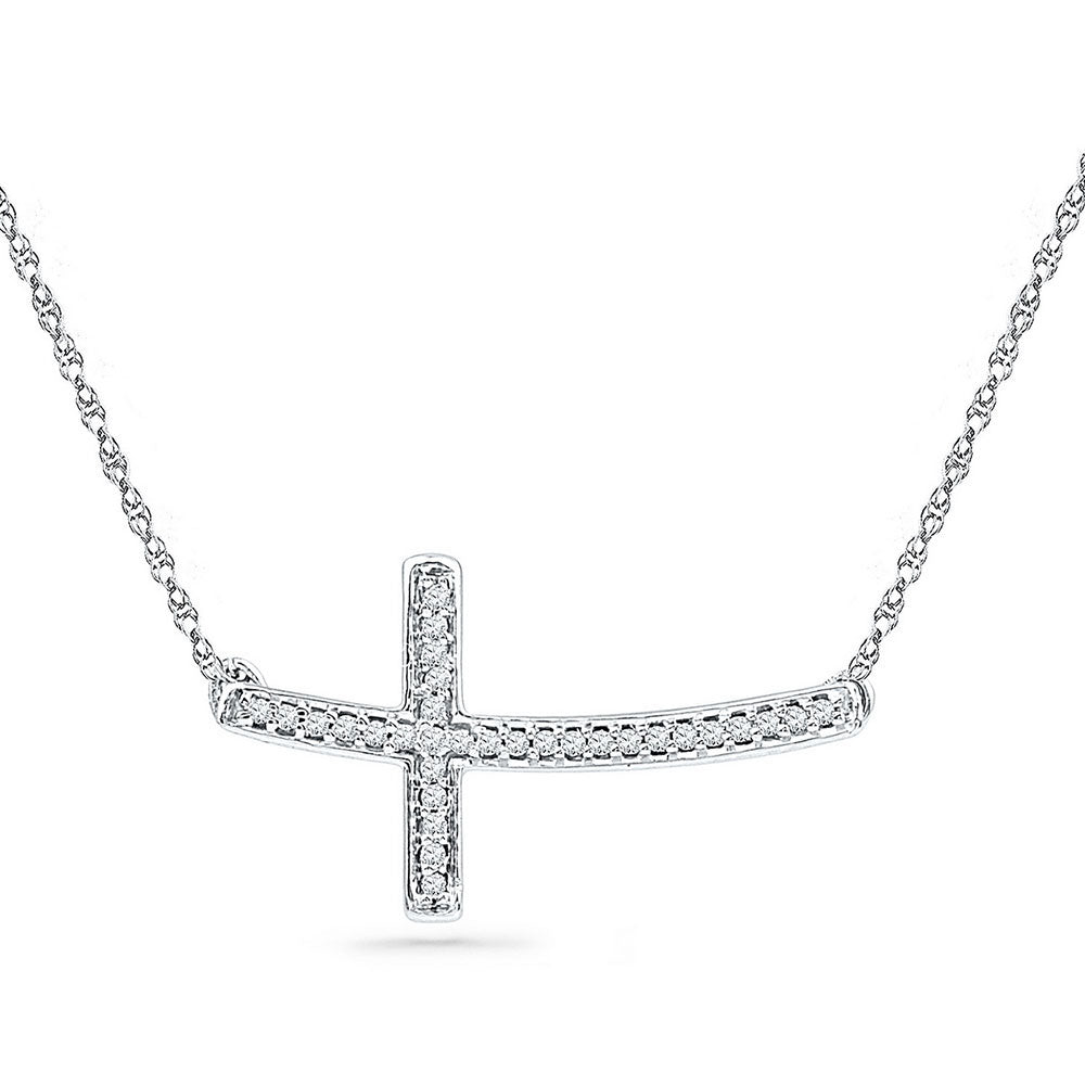 Sterling Silver Womens Round Diamond Horizontal Sideways Cross Necklace 1/10 Cttw, Length: 16.97 In, Width: 0.77 In