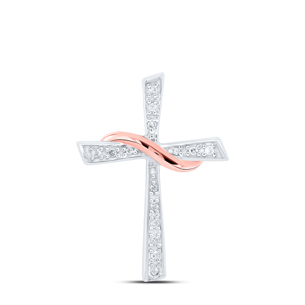 Two-tone Sterling Silver Womens Round Diamond Cross Pendant 1/20ctw, Length: 0.56 Inch Width: 0.66 Inch