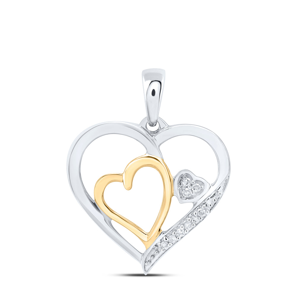 Two-tone Sterling Silver Womens Round Diamond Heart Pendant 1/20ctw