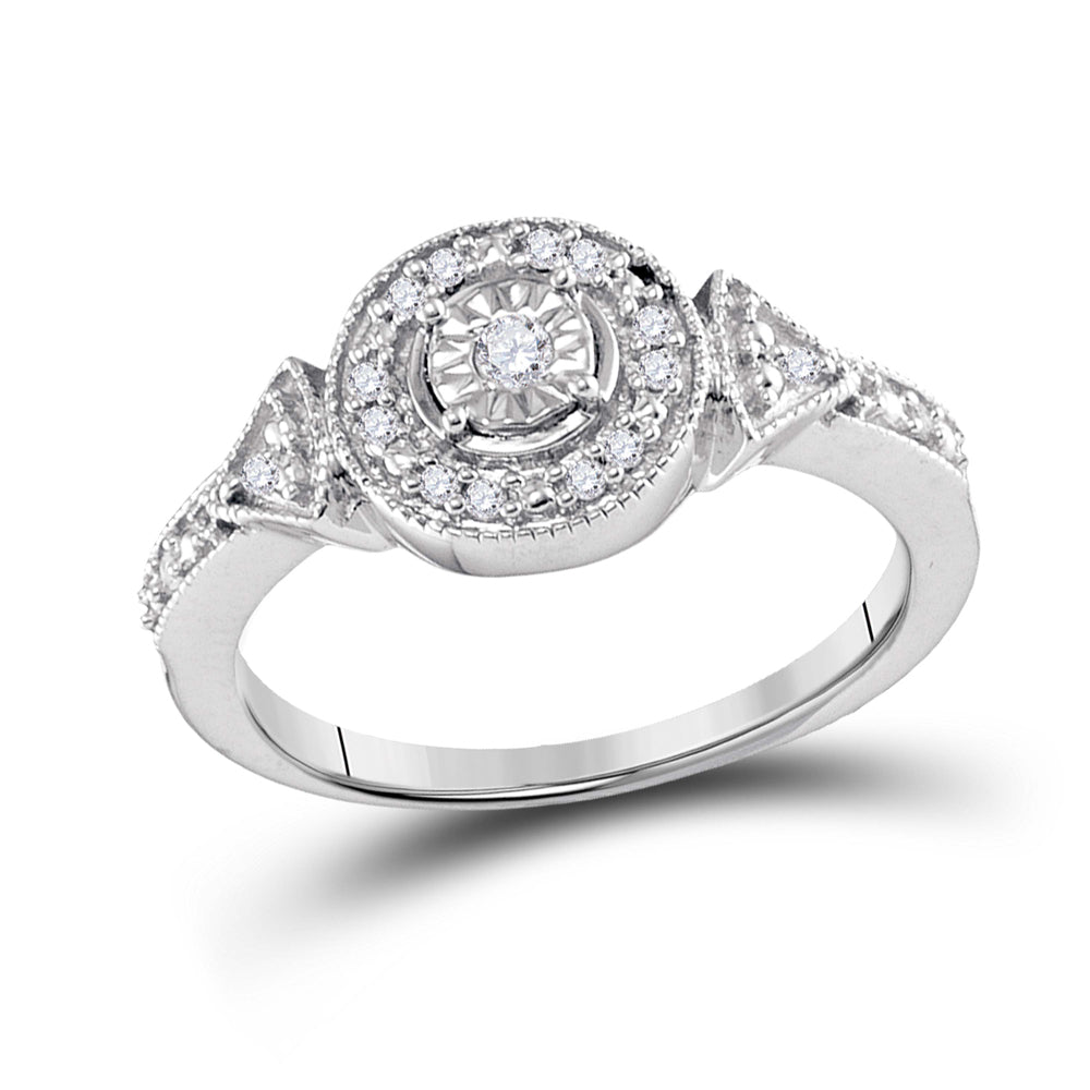 Sterling Silver Womens Round Diamond Halo Solitaire Ring 1/8 Cttw, Womens Size: 5-10