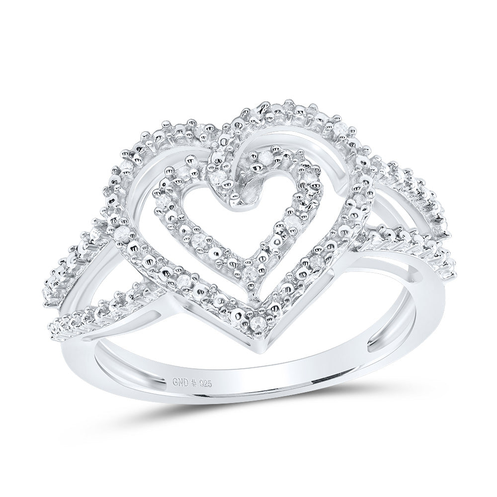 Sterling Silver Womens Round Diamond Nested Double Heart Ring 1/20 Cttw, Womens Size: 5-10