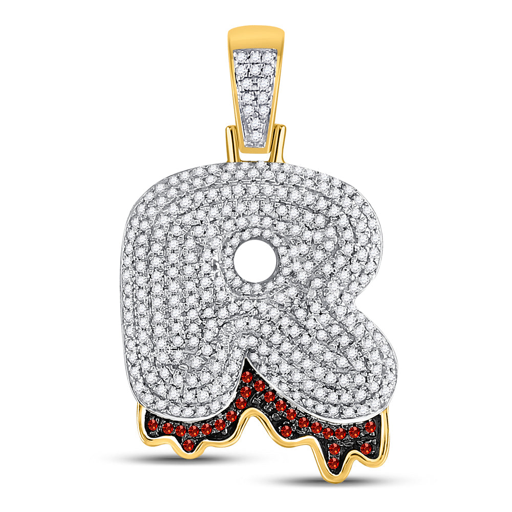 10K Yellow Gold Mens Round Red Color Enhanced Diamond Letter Blood Charm Pendant