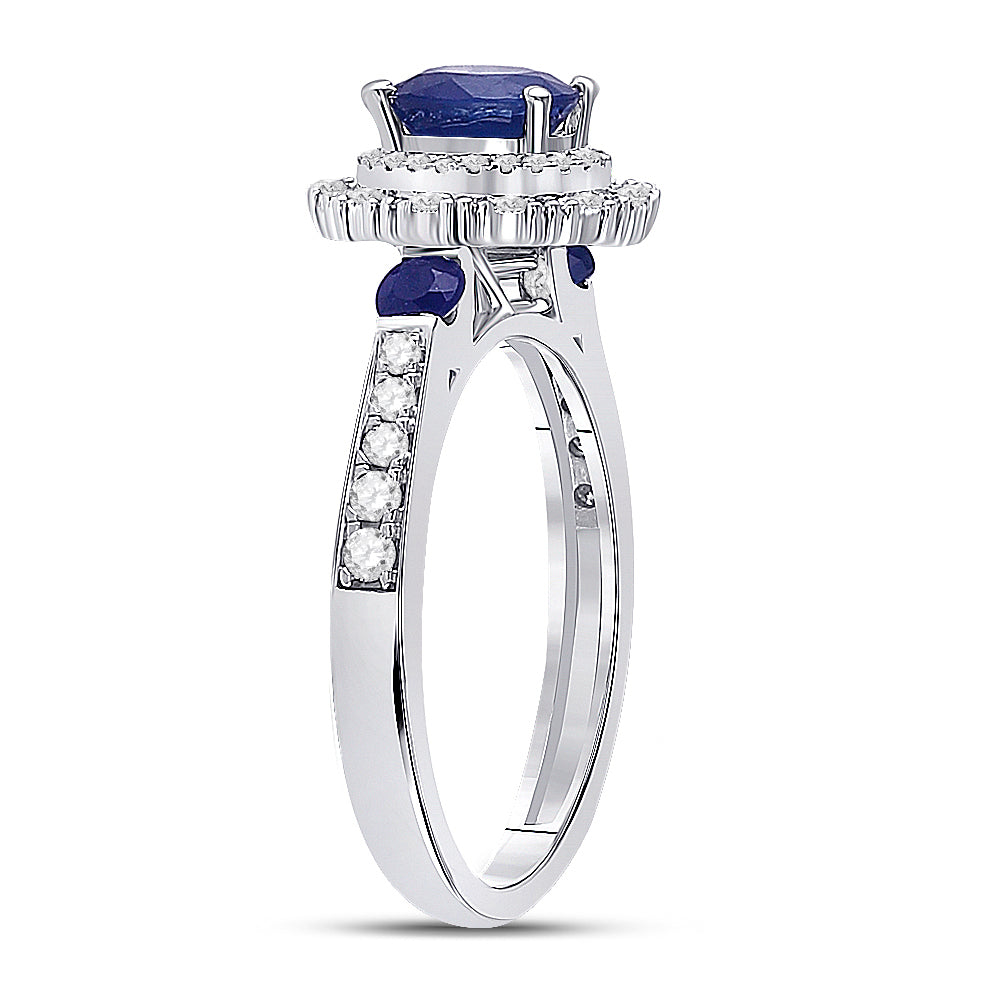 14K White Gold Womens Round Blue Sapphire Diamond Halo Ring 1-3/4 Cttw, Womens Size: 5-10