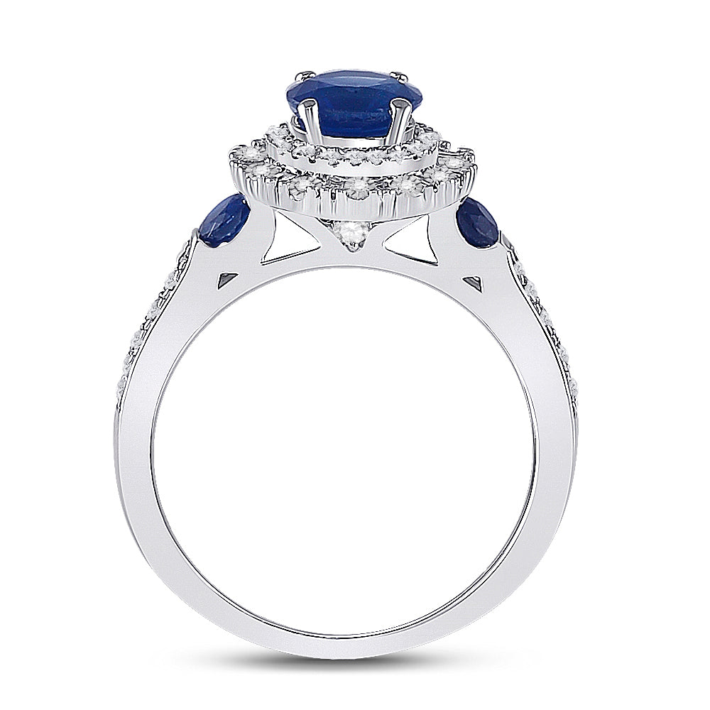 14K White Gold Womens Round Blue Sapphire Diamond Halo Ring 1-3/4 Cttw, Womens Size: 5-10