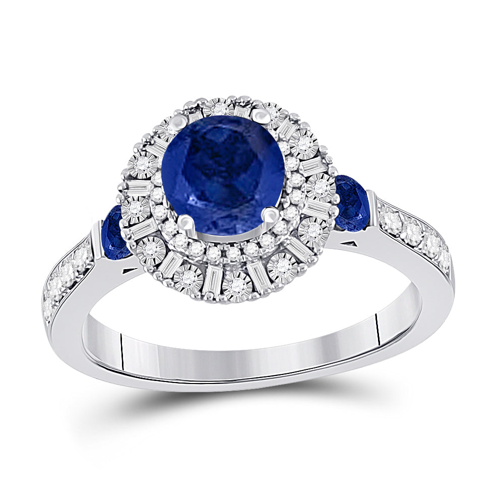 14K White Gold Womens Round Blue Sapphire Diamond Halo Ring 1-3/4 Cttw, Womens Size: 5-10