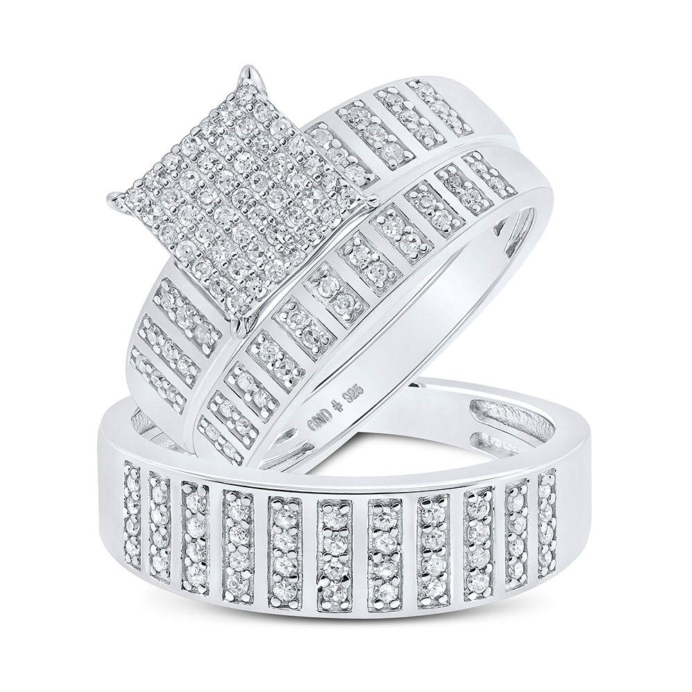 Sterling Silver His Hers Round Diamond Square Matching Wedding Set 5/8ctw, Womens Size: 5-10, Mens Size: 7-13