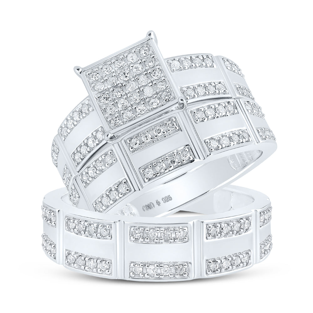 Sterling Silver His Hers Round Diamond Square Matching Wedding Set 1/2 Cttw, Womens Size: 5-10, Mens Size: 7-13