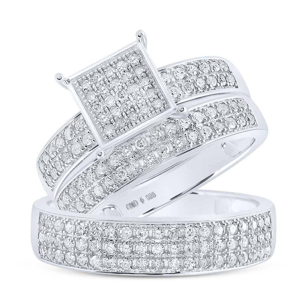 Sterling Silver His Hers Round Diamond Square Matching Wedding Set 7/8ctw, Women's Size: 5-10, Mens Size: 7-13