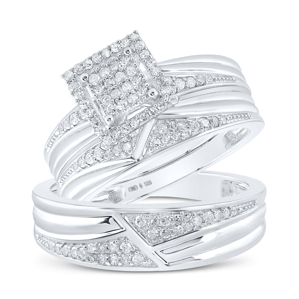 Sterling Silver His Hers Round Diamond Square Matching Wedding Set 1/2ctw, Womens Size: 5-10, Mens Size: 7-13