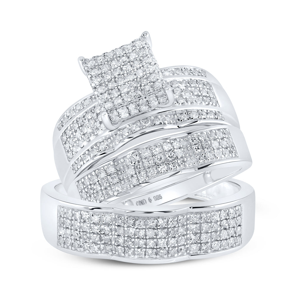 Sterling Silver His Hers Round Diamond Square Matching Wedding Set 7/8ctw, Womens Size: 5-10, Mens Size: 7-13