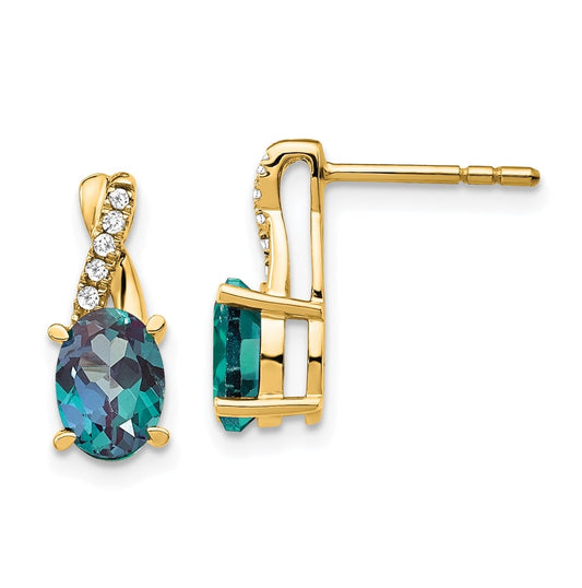 14K Yellow Gold Created Alexandrite and Diamond Earrings