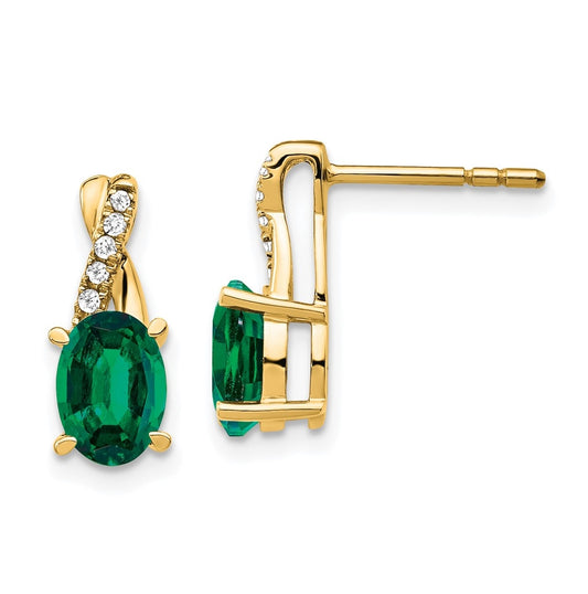 10K Yellow Gold Created Emerald and Diamond Earrings