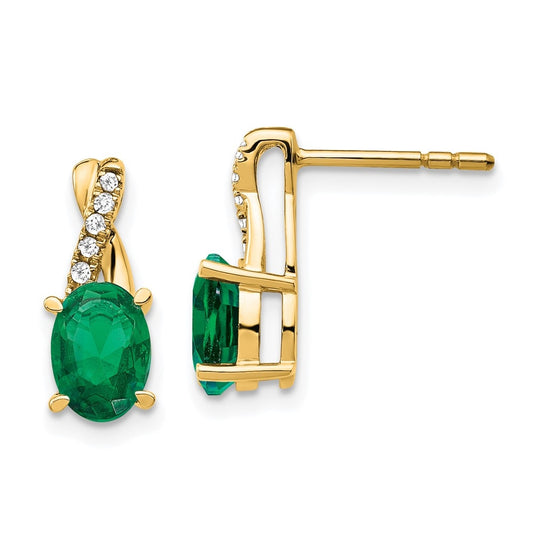 14K Yellow Gold Created Emerald and Diamond Earrings