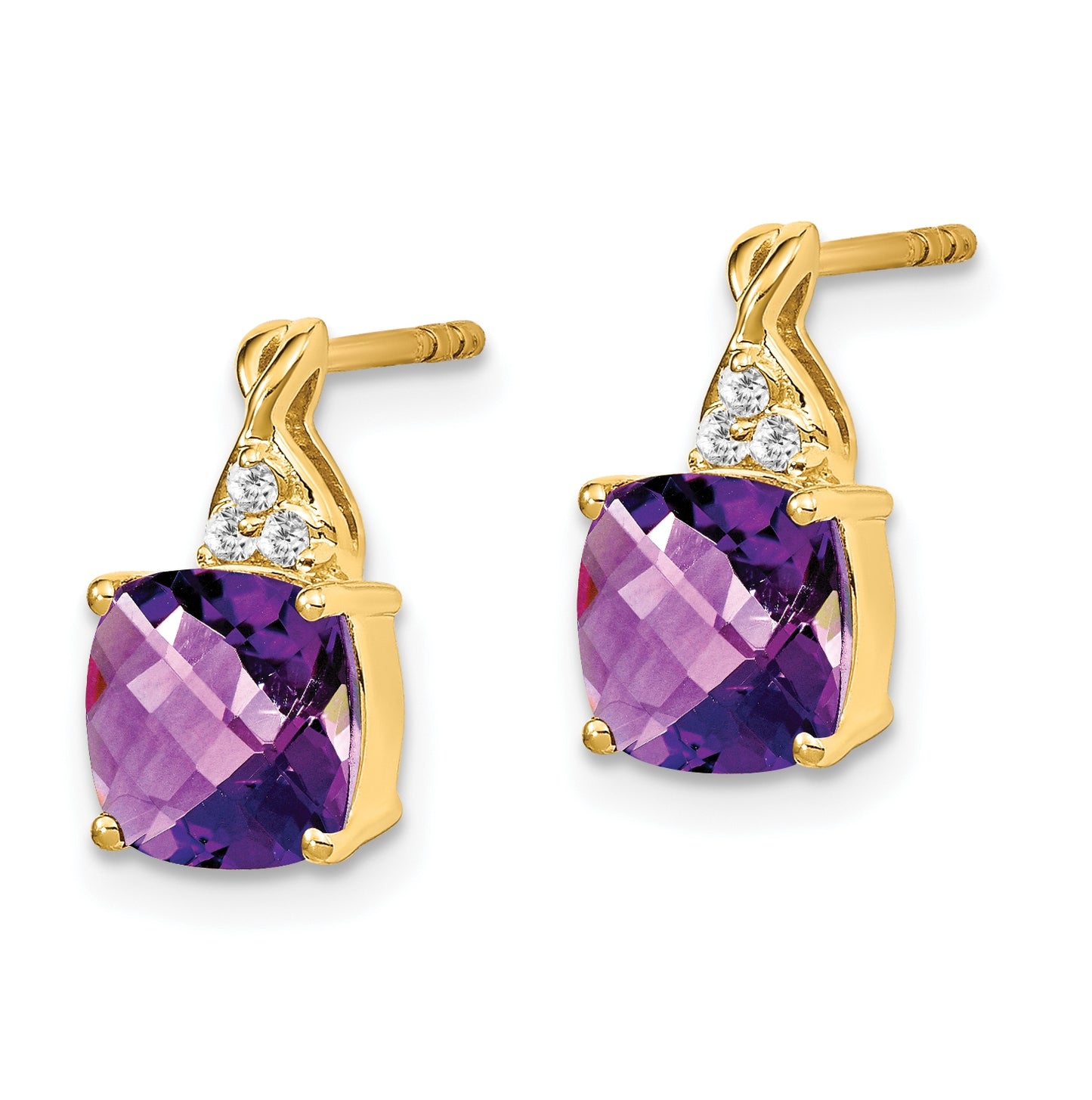 10K Yellow Gold Checkerboard Amethyst and Diamond Earrings