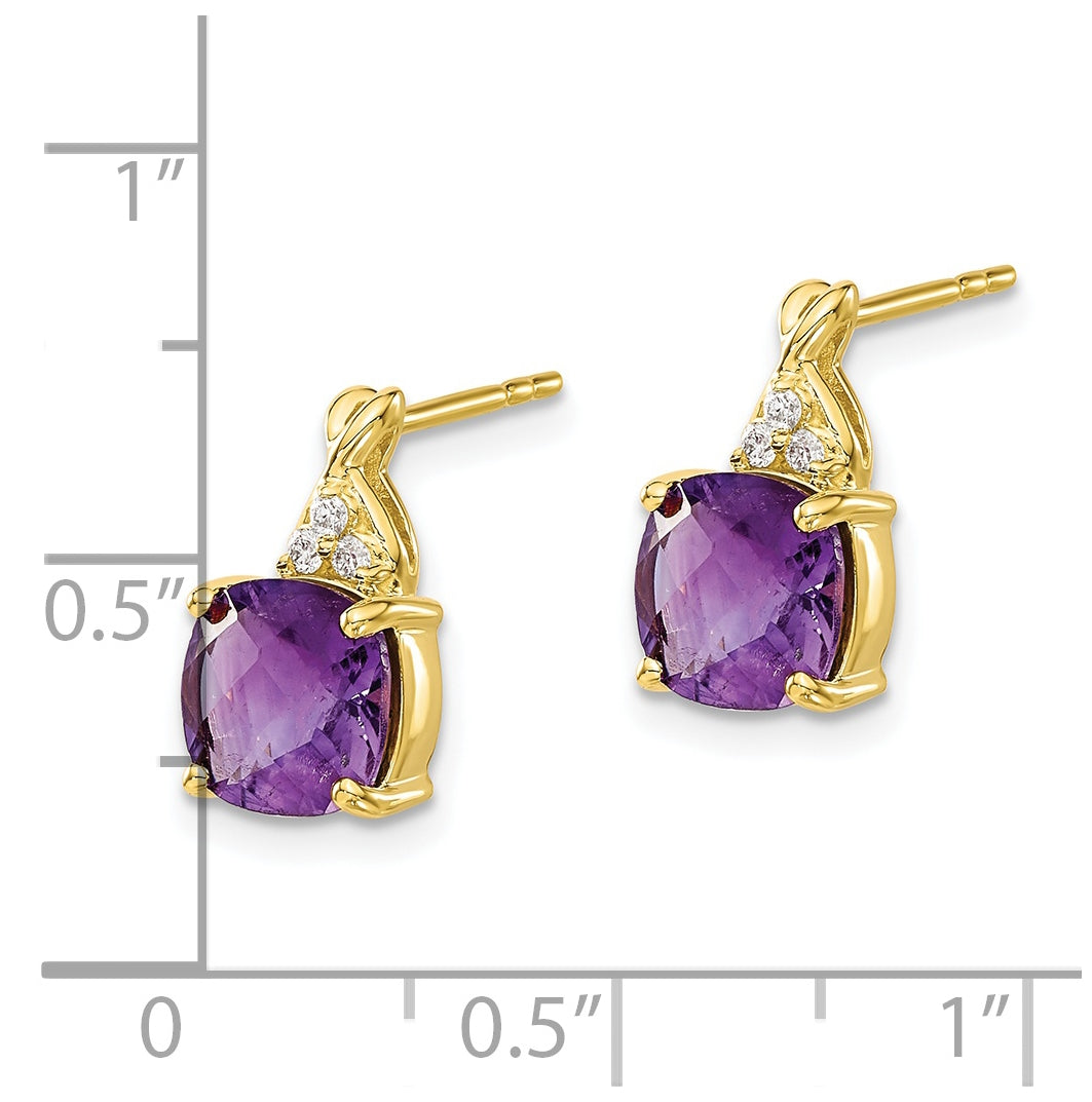 10K Yellow Gold Checkerboard Amethyst and Diamond Earrings