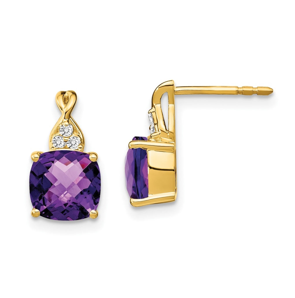 10K Yellow Gold Checkerboard Amethyst and Diamond Earrings