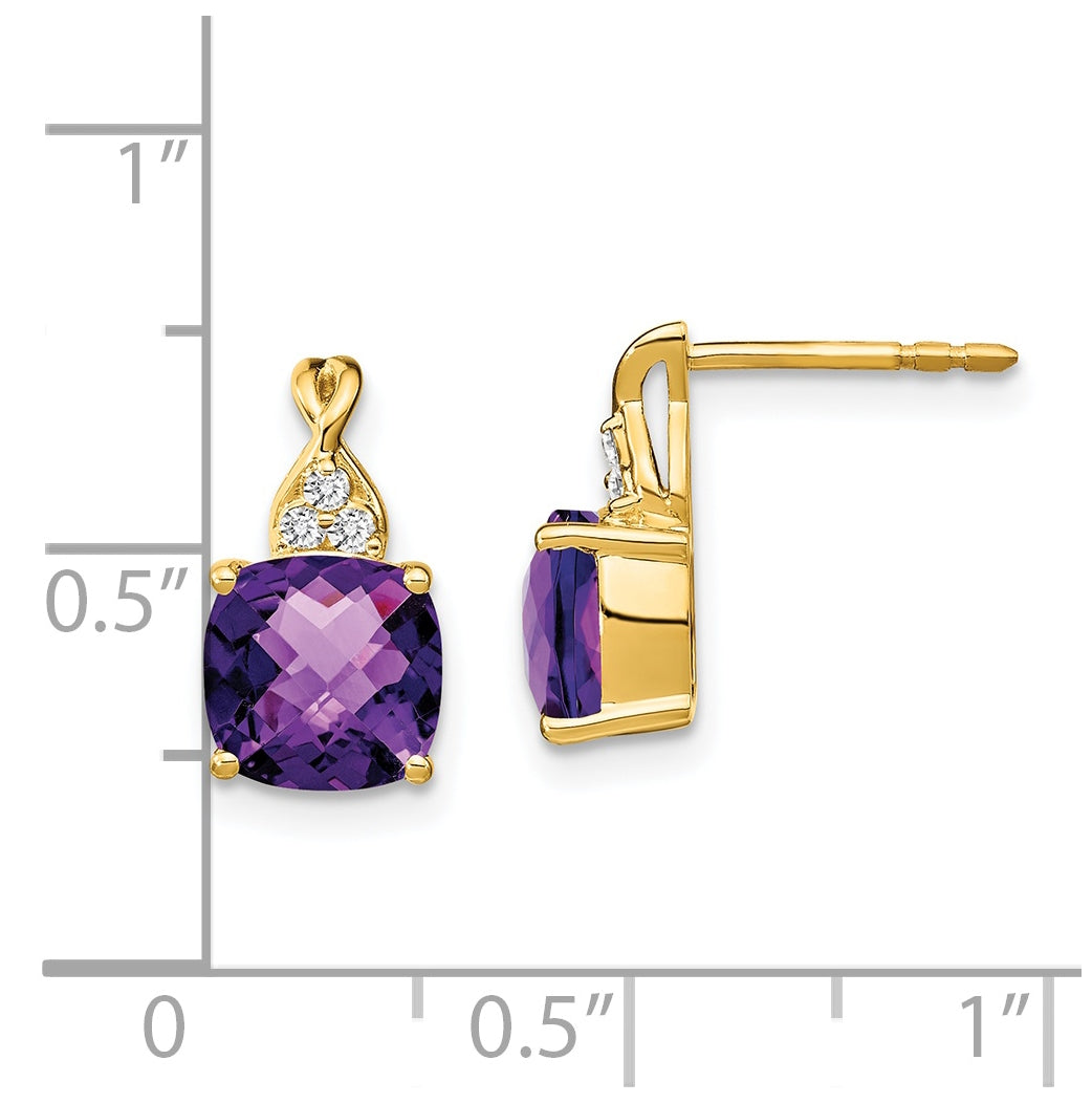 14K Yellow Gold Checkerboard  Amethyst and Diamond Earrings