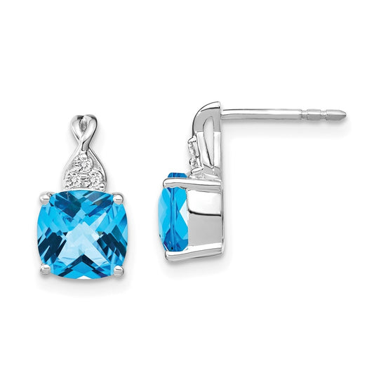 14K White Gold Checkerboard Blue Topaz and Diamond Earrings