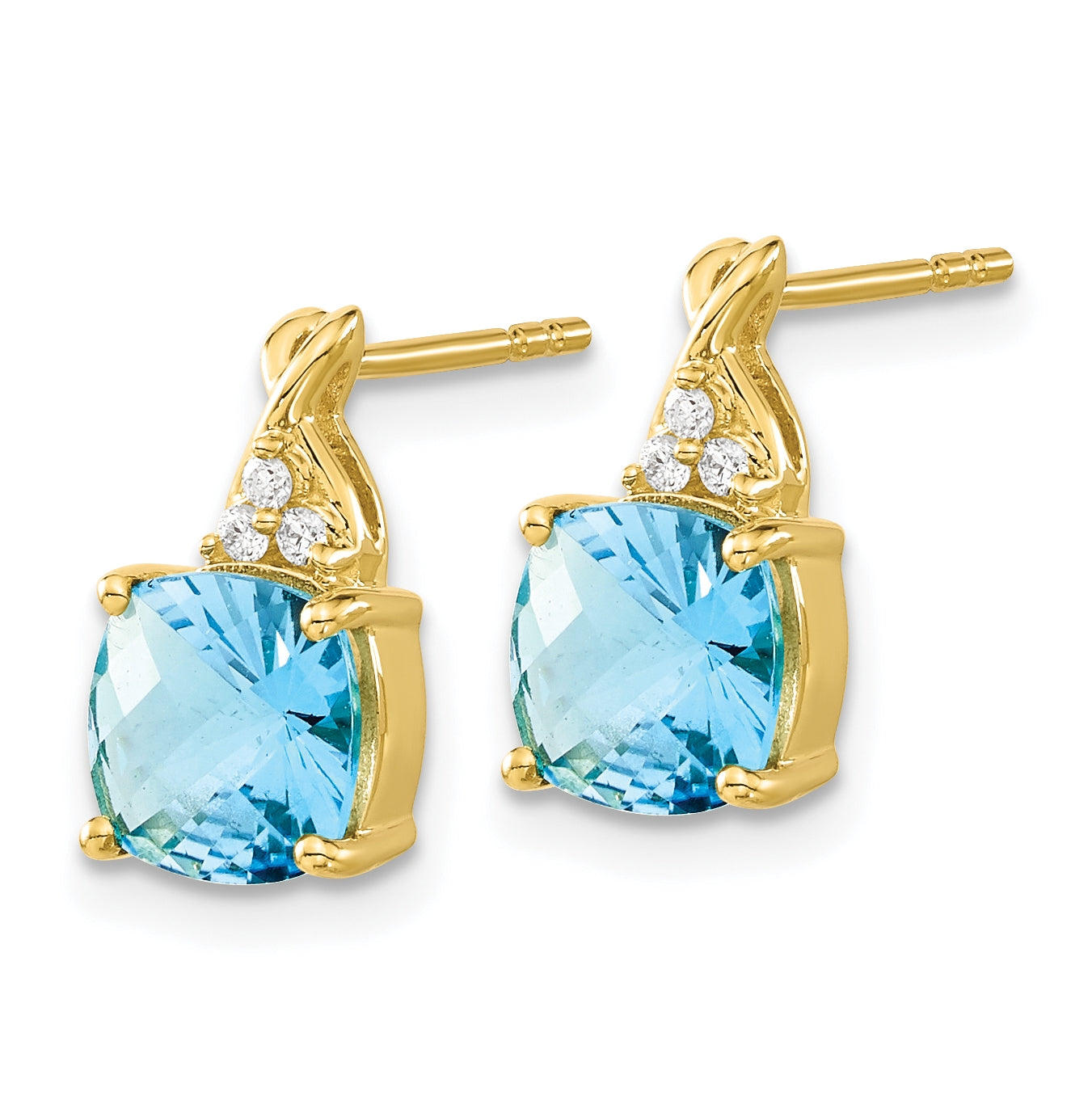 14K Yellow Gold Checkerboard Blue Topaz and Diamond Earrings