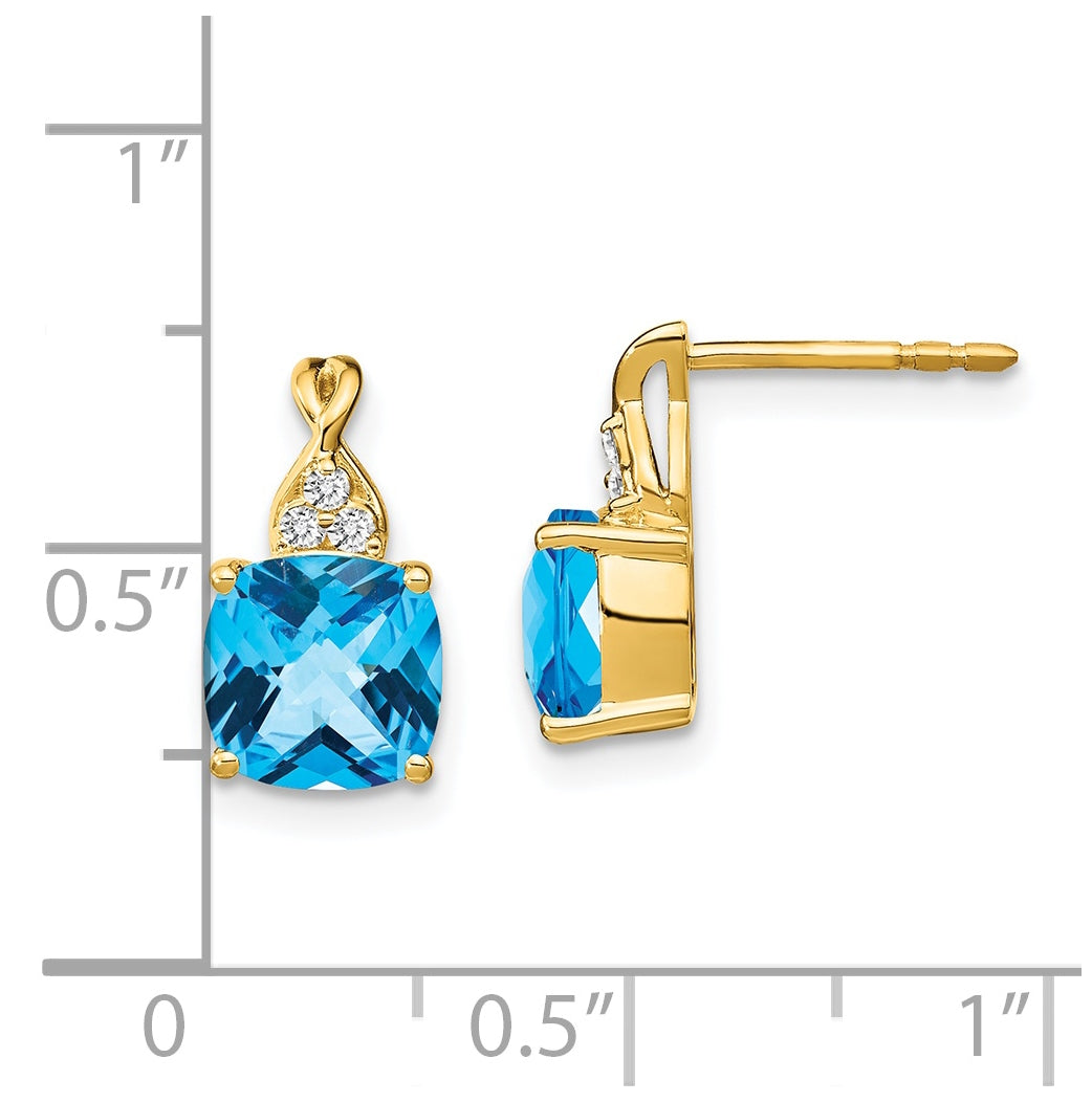 14K Yellow Gold Checkerboard Blue Topaz and Diamond Earrings