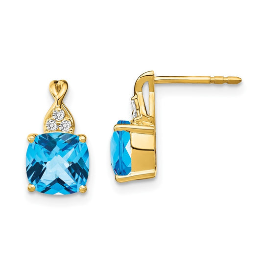 14K Yellow Gold Checkerboard Blue Topaz and Diamond Earrings