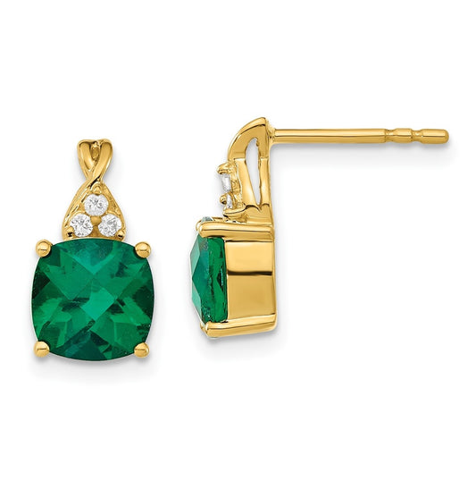 10K Yellow Gold Checkerboard Created Emerald and Diamond Earrings