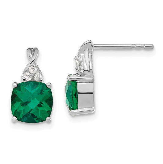 14K White Gold Checkerboard Created Emerald and Diamond Earrings