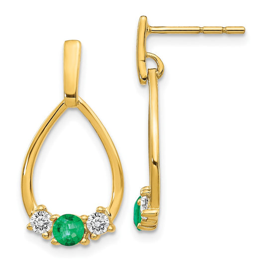 14K Yellow Gold Lab Grown VS/SI FGH Dia and Created Emerald Post Dangle Earrings