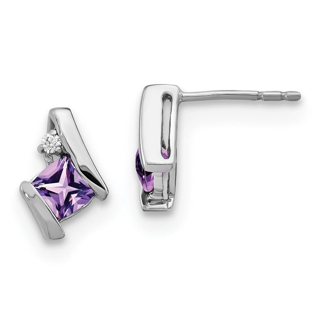 14K White Gold Cushion Amethyst and Diamond Earrings