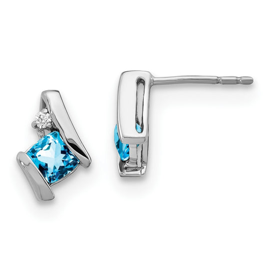 10k White Gold Cushion Blue Topaz and Diamond Earrings