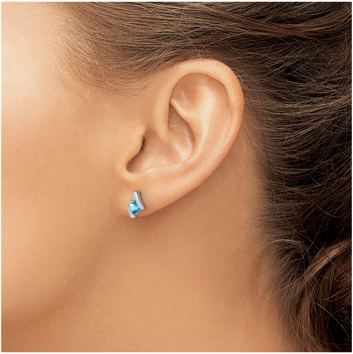 14K White Gold Cushion Blue Topaz and Diamond Earrings