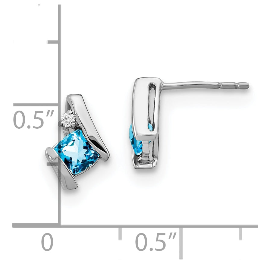 14K White Gold Cushion Blue Topaz and Diamond Earrings