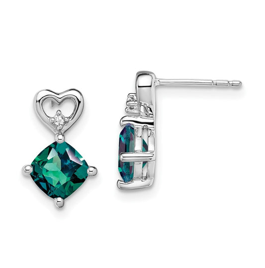 14k White Gold Created Alexandrite and Diamond Heart Earrings